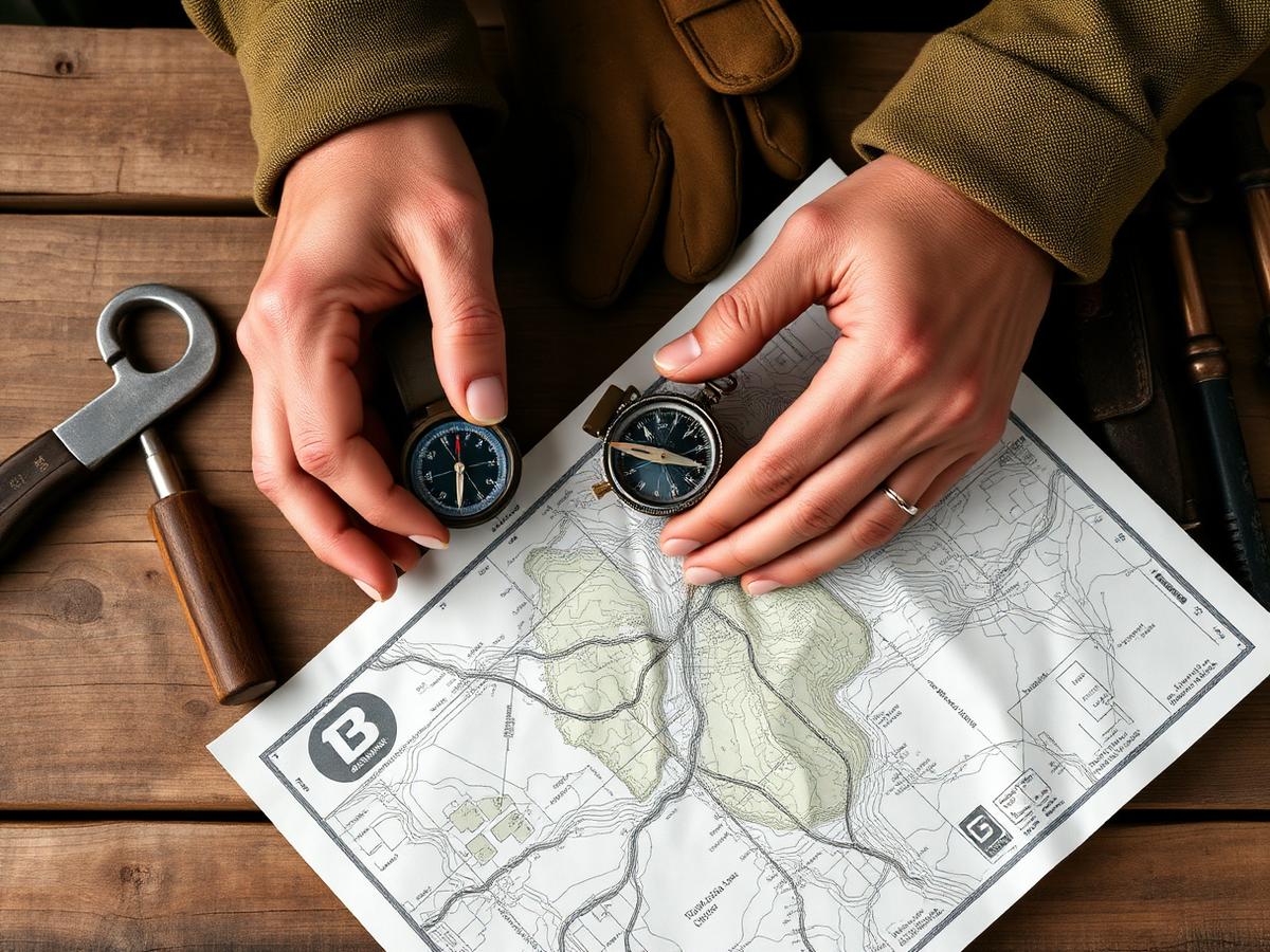 Carte IGN et boussole posées sur une table en bois