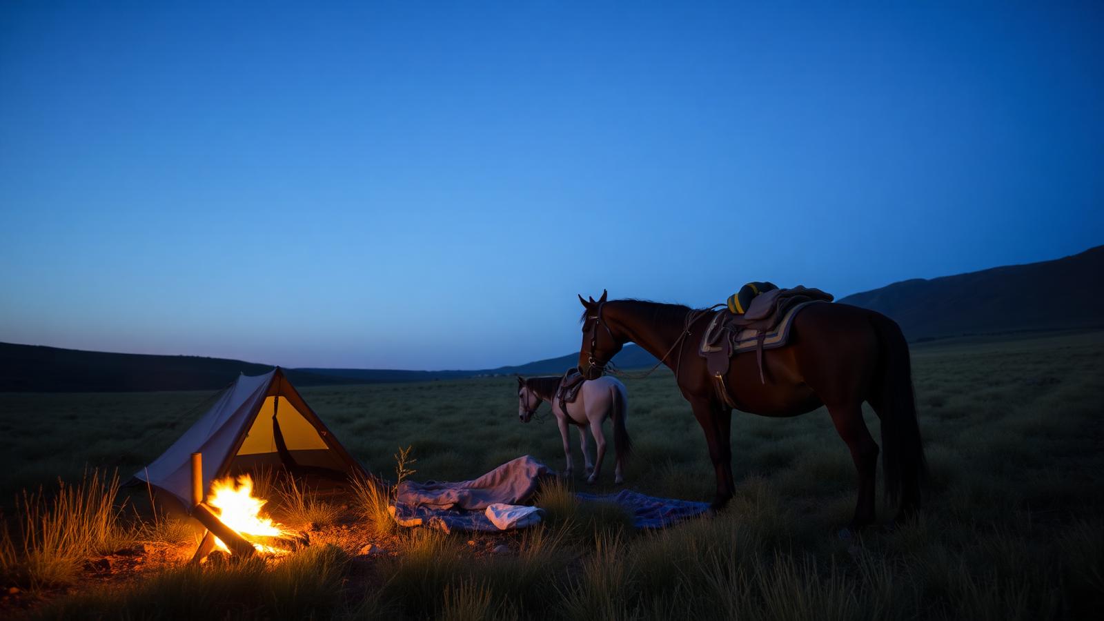 Bivouac de randonnée équestre avec deux chevaux au crépuscule