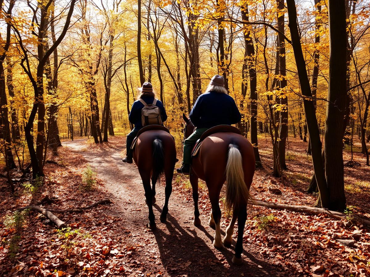 Deux cavaliers en randonnée équestre sur un chemin forestier en automne